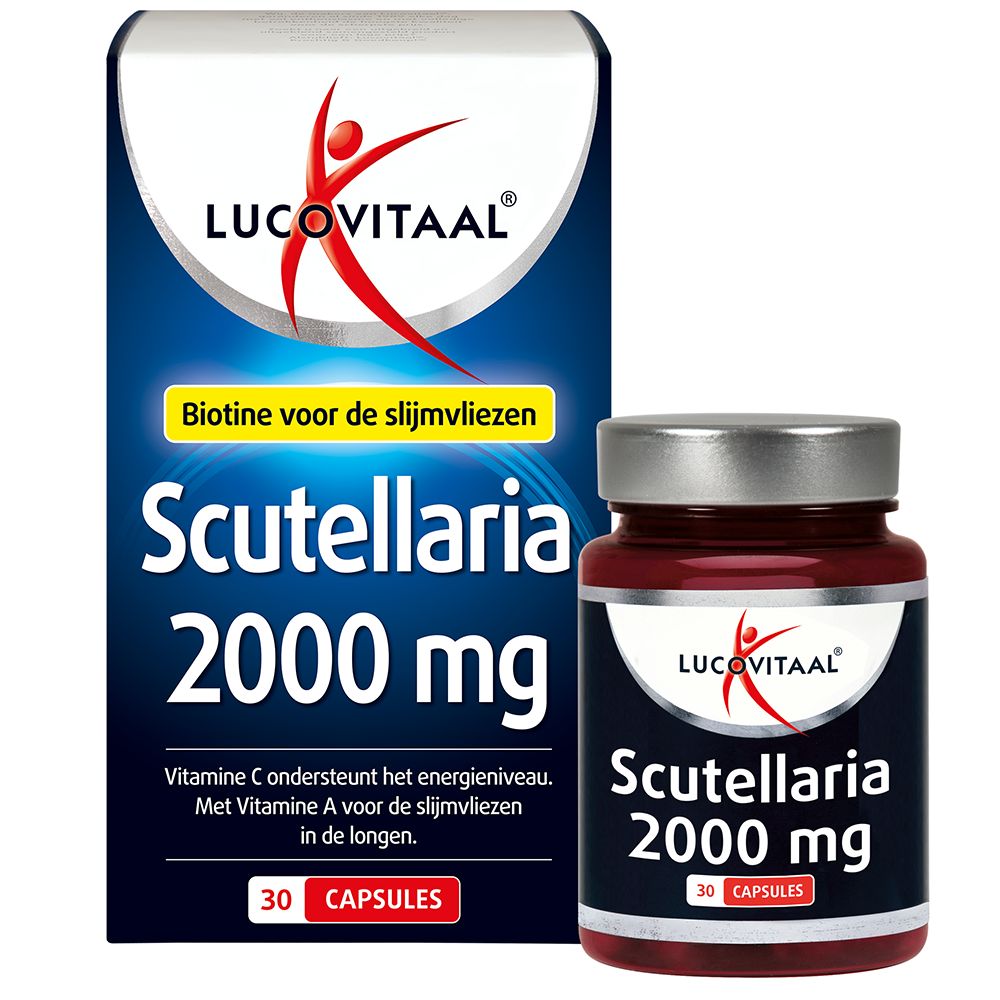 Verpakking en fles 'Lucovitaal Scutellaria 2000 mg'. Beide tonen productinfo en logo.