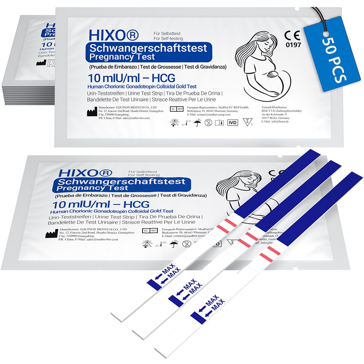 Verpakkingen en teststrips. HIXO Zwangerschapstest Ultra Vroeg 10 mIU/ml. 50 stuks. Strips met blauwe handvatten en rode lijnen.