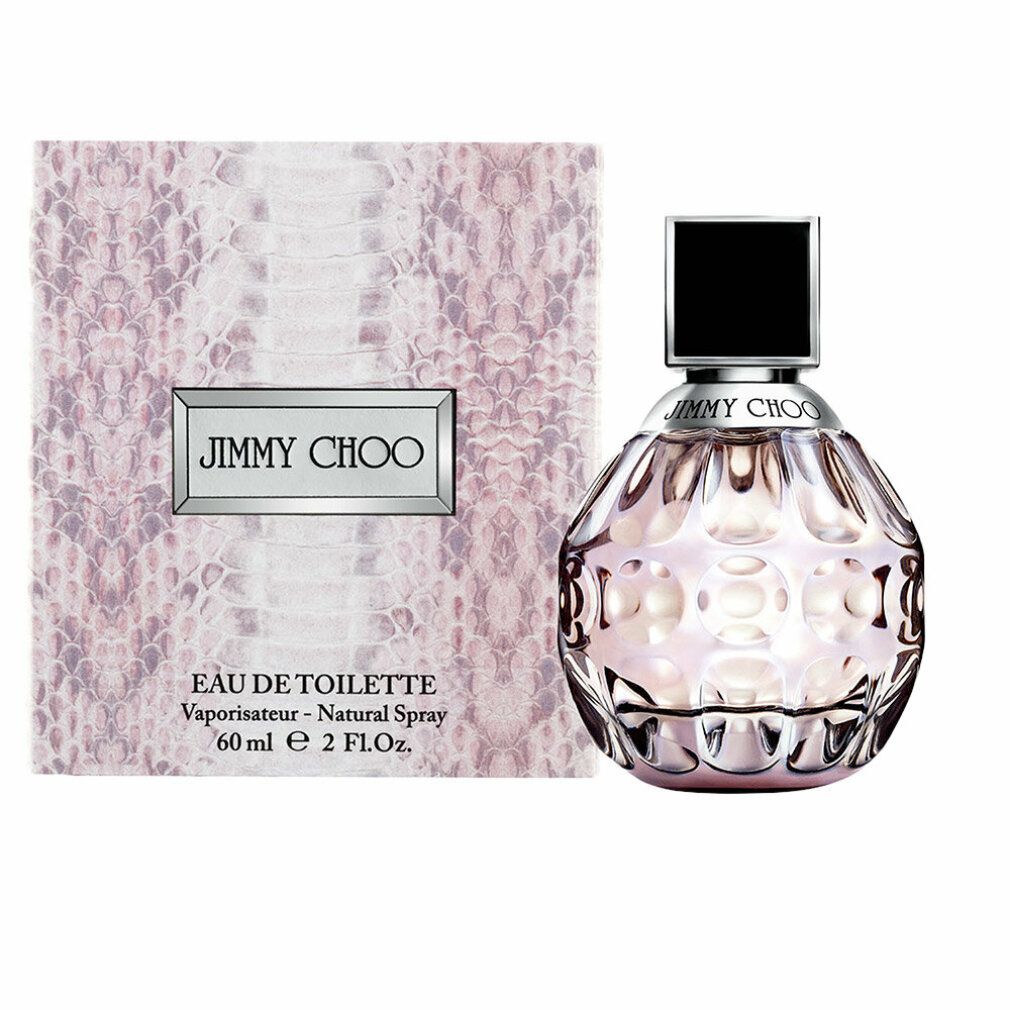 Parfumfles en verpakking. Ronde glazen fles. Verpakking met slangenpatroon. Opschrift: JIMMY CHOO.