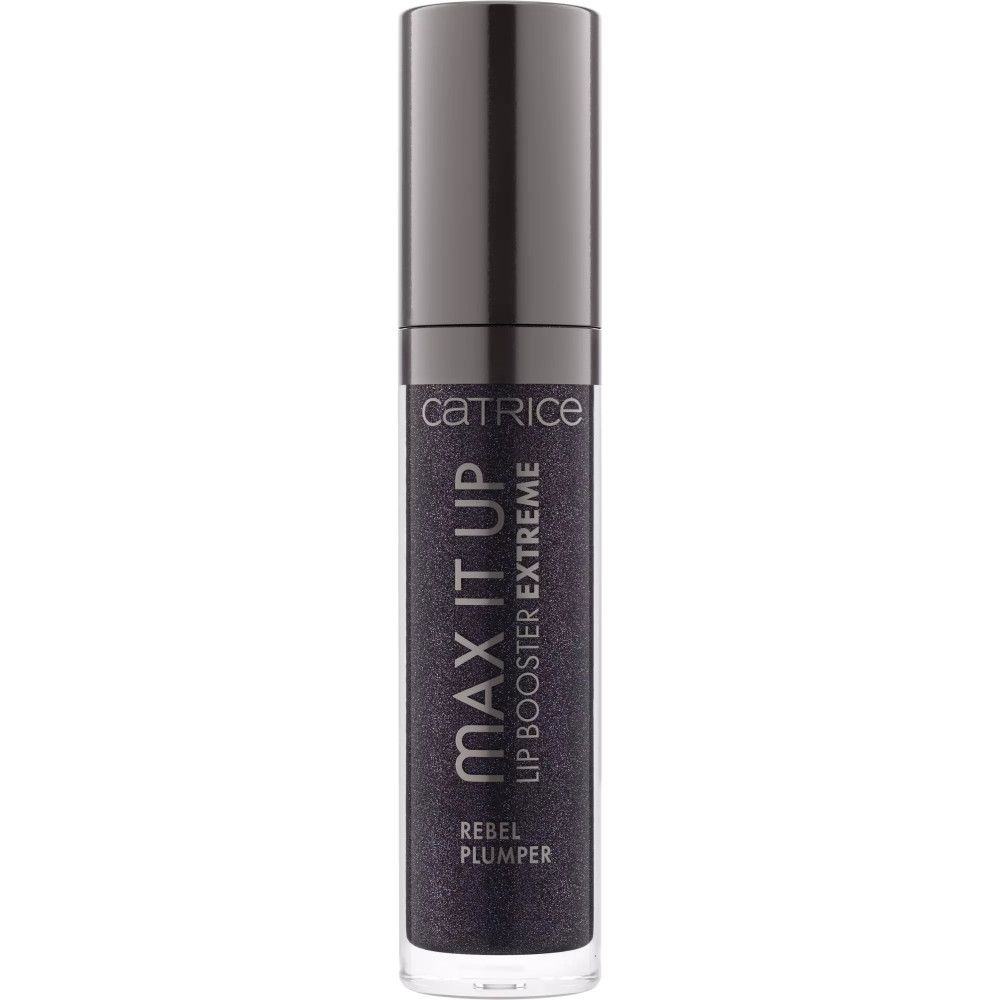 Catrice Max It Up Lip Booster Extreme. Zwarte fles met zilveren dop. Tekst: MAX IT UP, LIP BOOSTER EXTREME, REBEL PLUMPER.