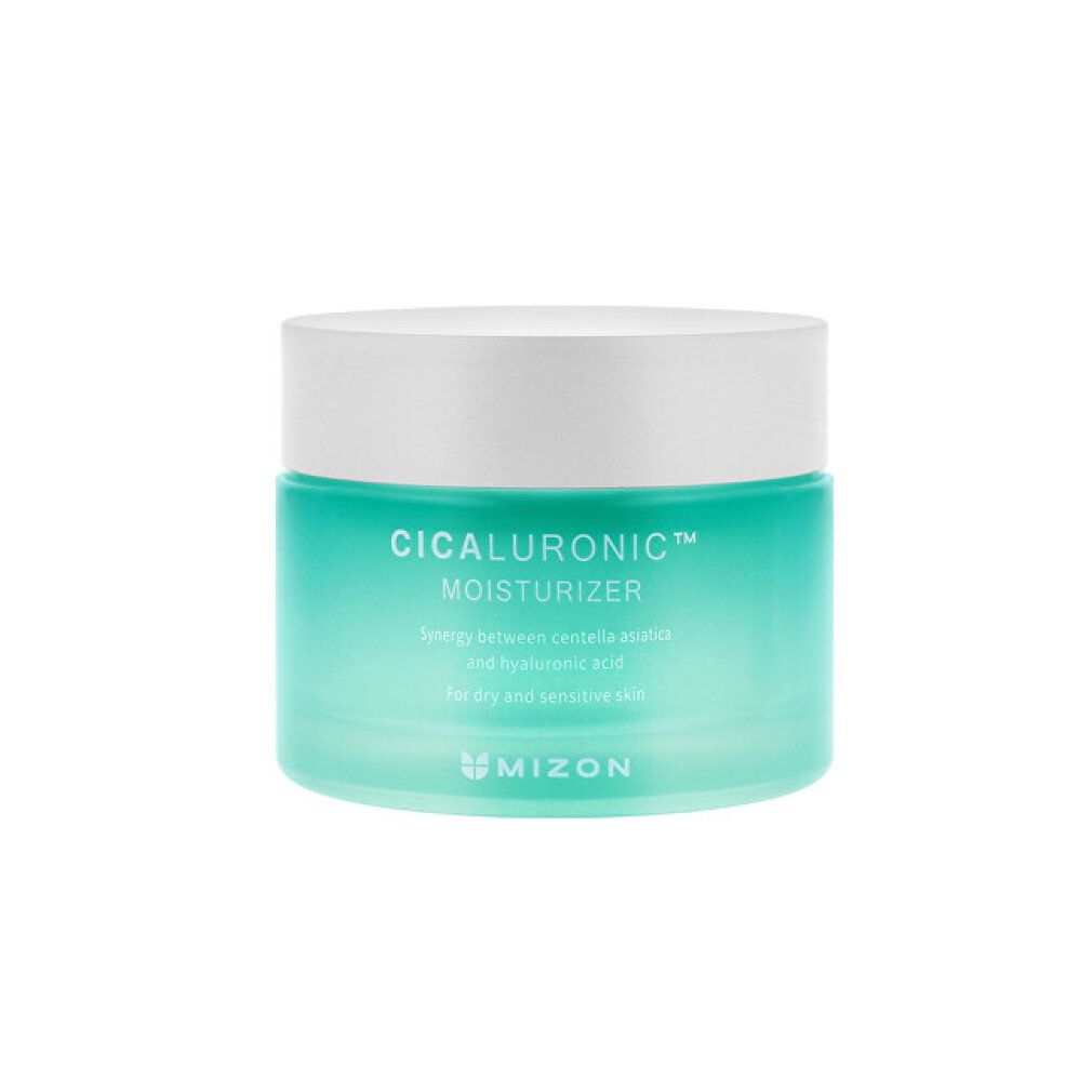 Pot turquoise et couvercle blanc. Inscription: CICALURONIC MOISTURIZER, logo MIZON. Pour peaux sèches et sensibles.