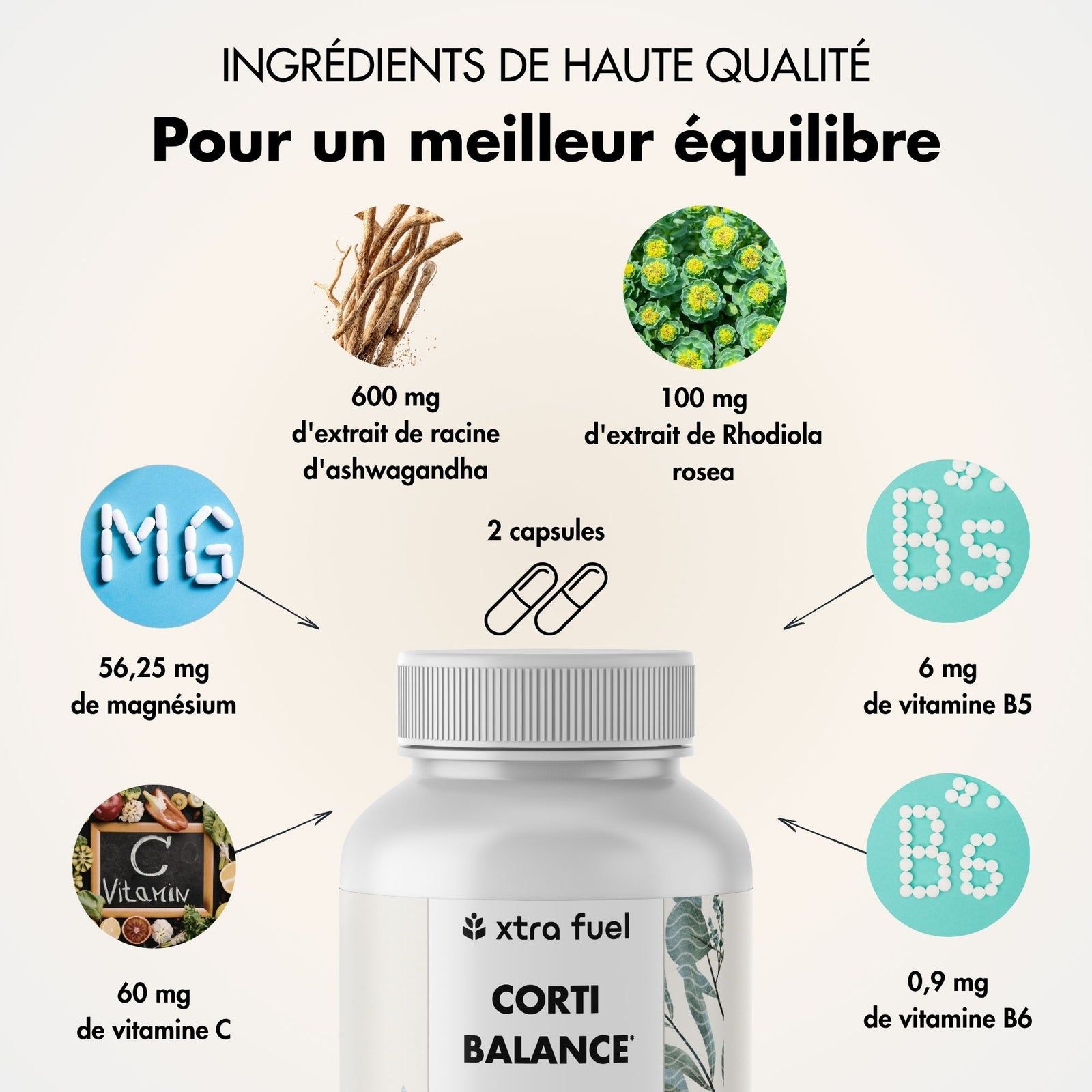 Ingrédients de haute qualité: Ashwagandha, Rhodiola, Magnésium, Vitamine C, B5, B6. Flacon Corti Balance.