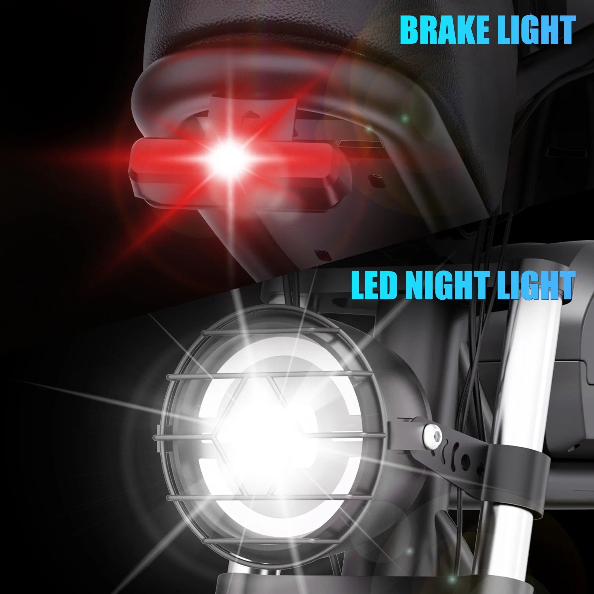 Close-up van de koplamp en het achterlicht van een e-bike. Helder licht. Tekst: BRAKE LIGHT en LED NIGHT LIGHT.