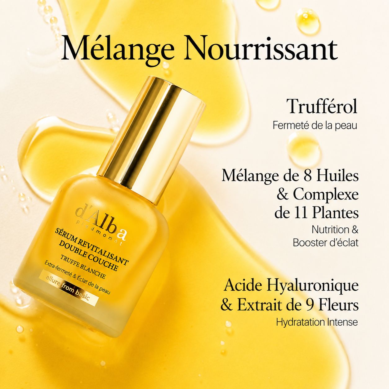 Flacon pipette doré avec sérum jaune, entouré de gouttelettes d'huile.