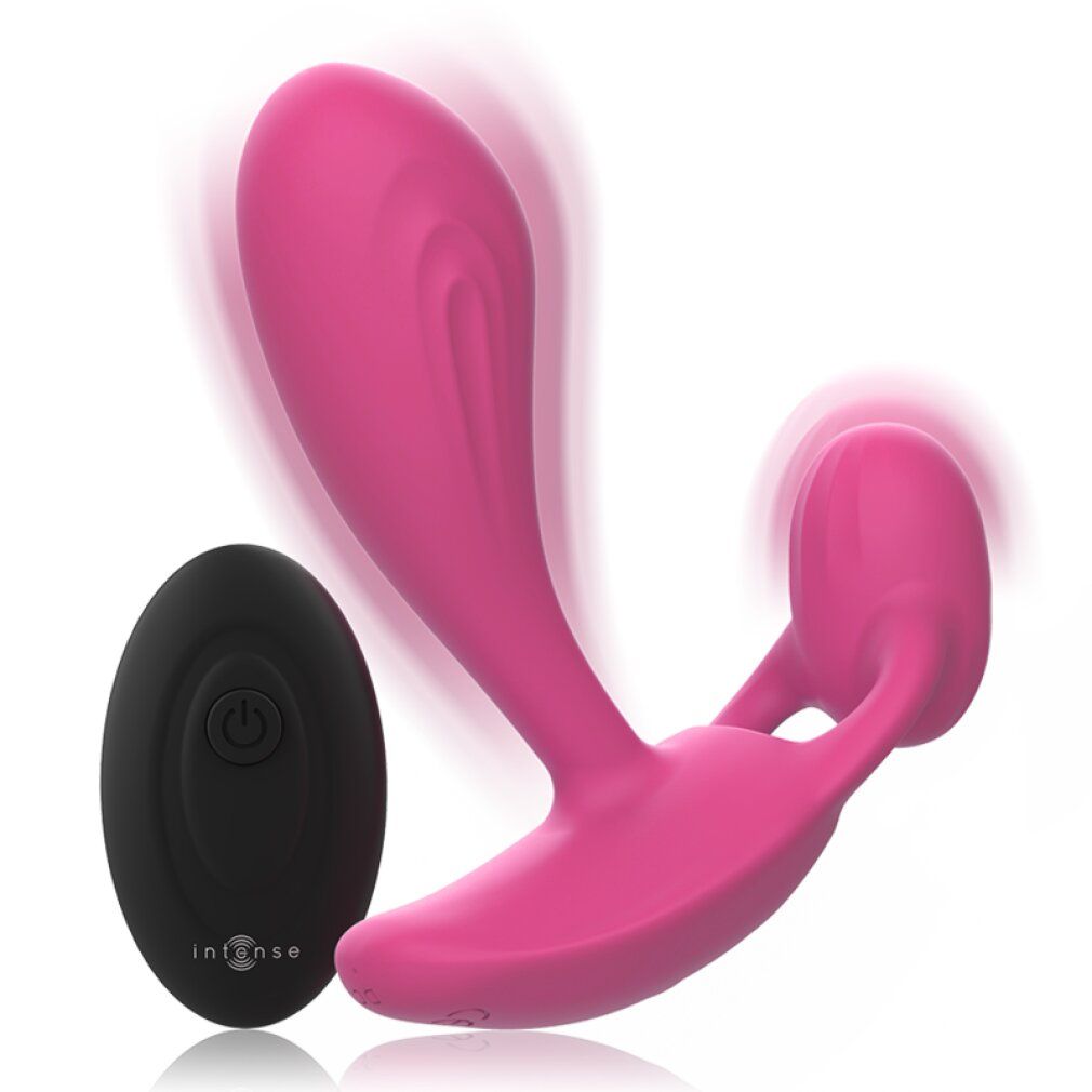 Vibrateur rose avec télécommande, marque Intense, en mouvement.