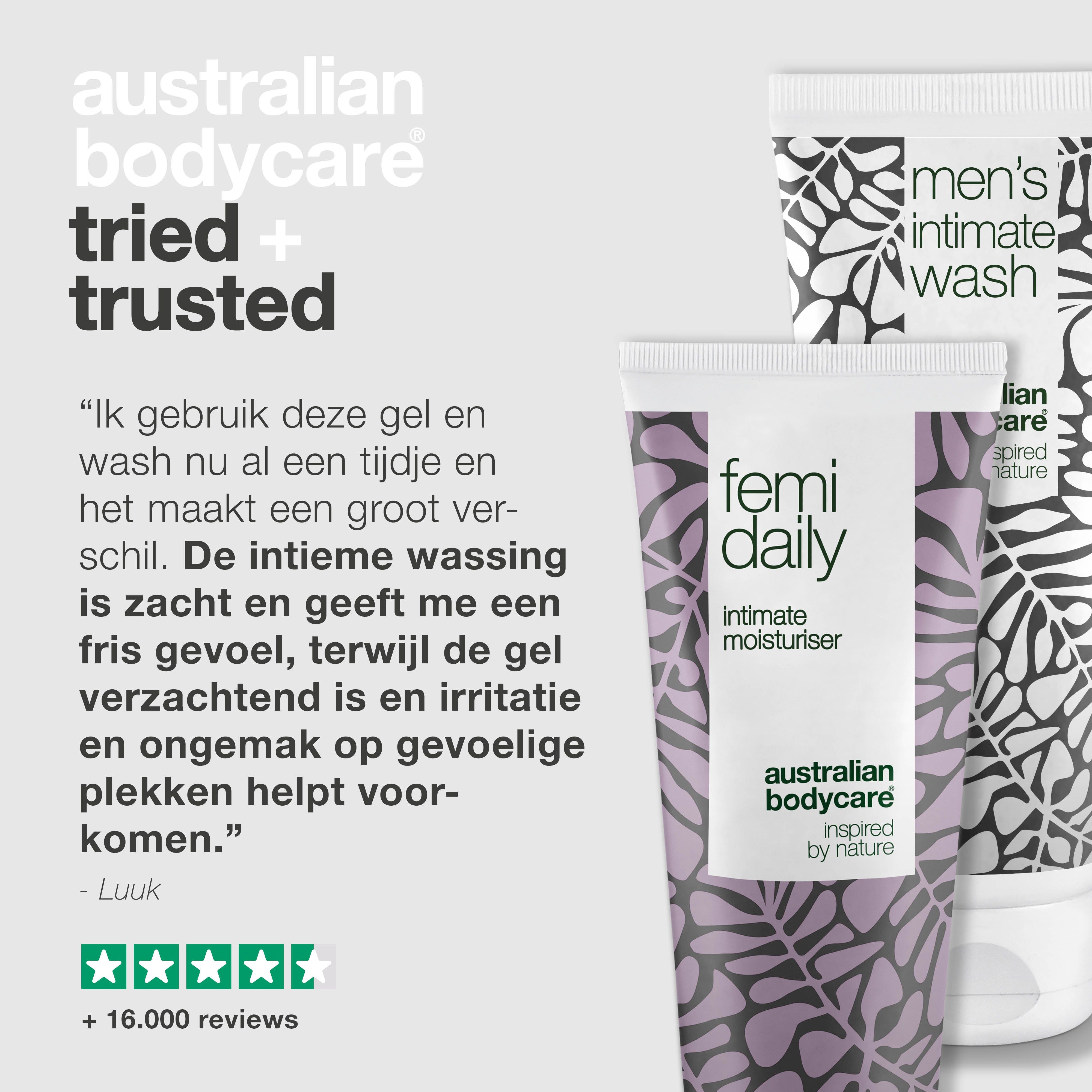 Intieme wasgel en moisturizer. Citaat en sterrenbeoordeling. Tekst: Tried + Trusted.