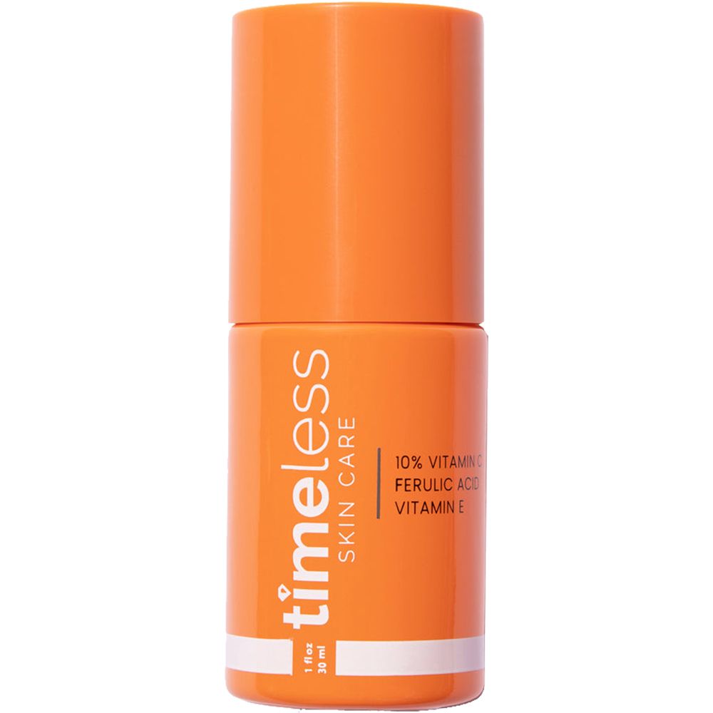 Flacon orange avec étiquette blanche. Inscription : TIMELESS SKIN CARE, 10% Vitamine C, Acide férulique, Vitamine E. 1 fl oz / 30 ml.