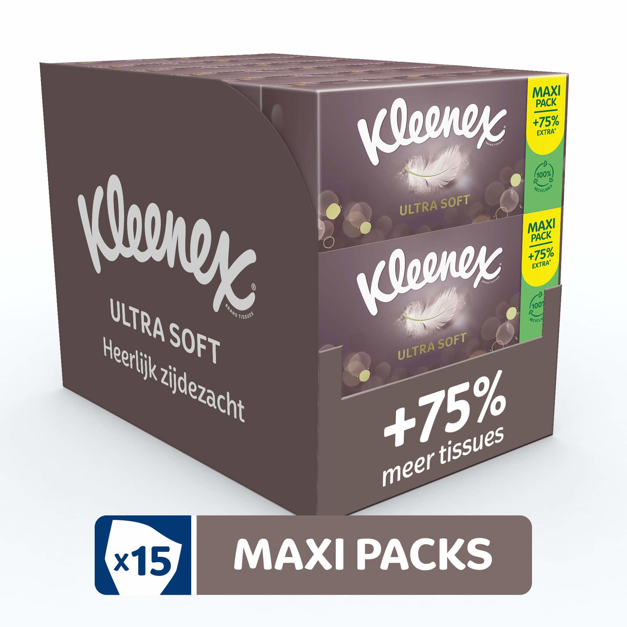 Présentoir Maxi Kleenex Ultra Soft. Inscription : +75% de mouchoirs. 100% recyclable. 15 Maxi Packs.