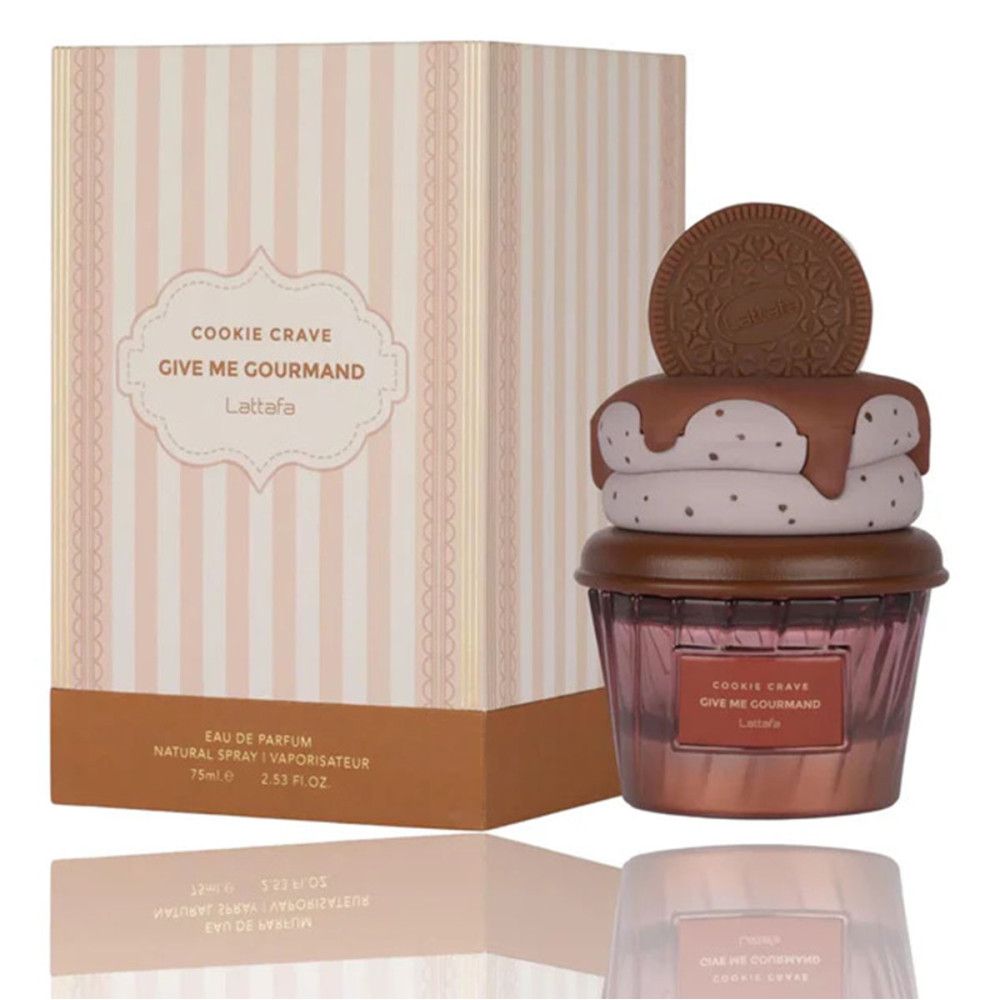 Flacon de parfum en forme de cupcake avec décoration biscuit. Emballage avec nom du produit et rayures.