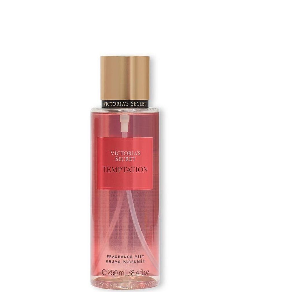 Victoria's Secret Temptation bodyspray. Transparante fles, gouden dop, verstuiver.