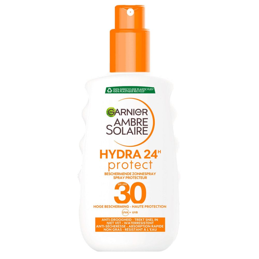 Flacon blanc avec vaporisateur orange. Inscription: Garnier Ambre Solaire Hydra 24h protect, SPF 30. Texte multilingue.
