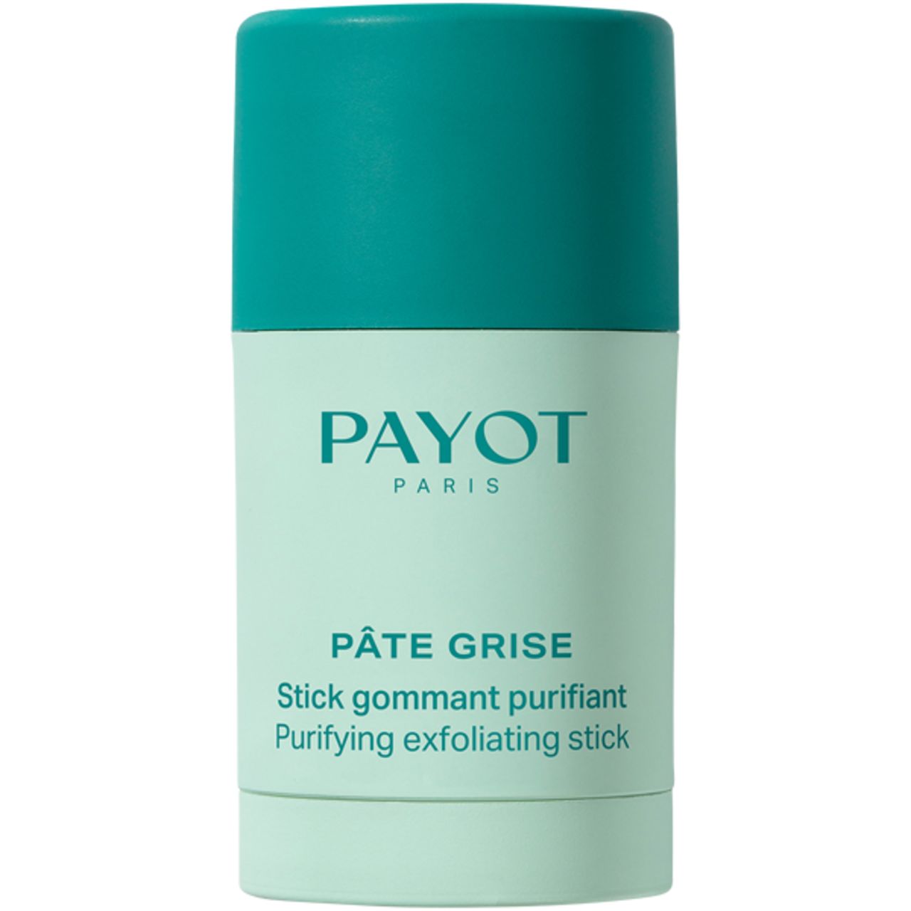 Lichtgroene en turquoise stick. Opschrift: PAYOT PARIS, PÂTE GRISE, Stick gommant purifiant, Purifying exfoliating stick.