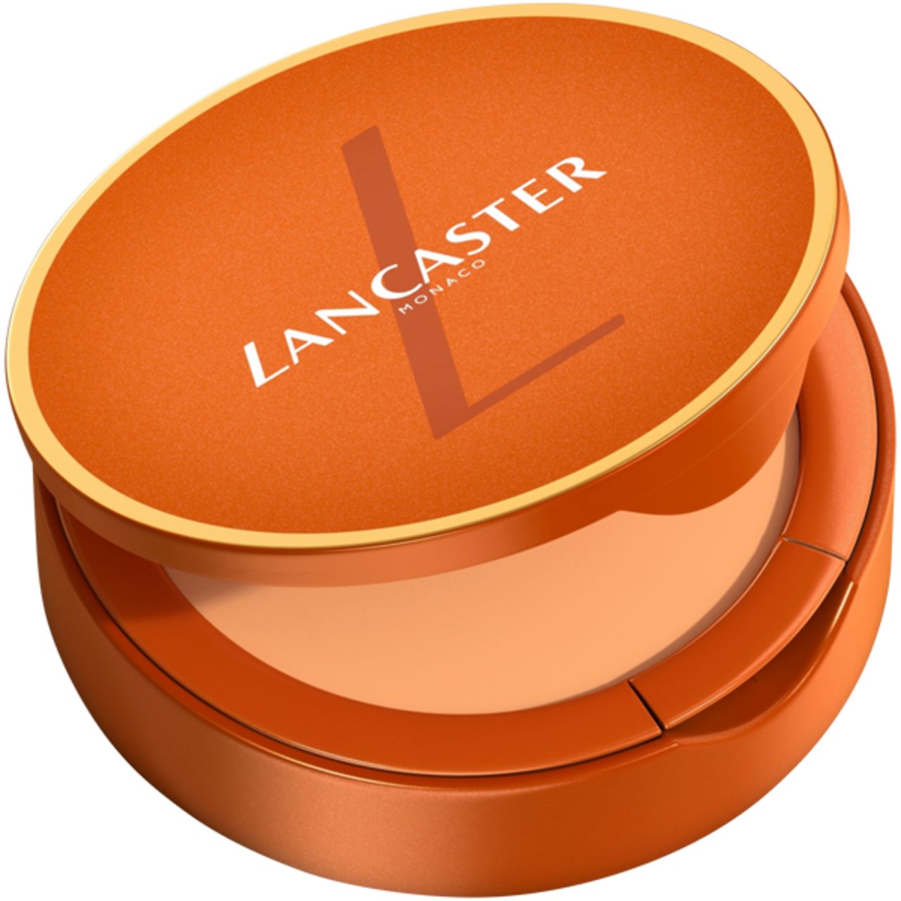 Arrangement de produits. Crème solaire compacte ouverte et tube. Tous deux oranges avec logo LANCASTER. Fond: lignes dorées.