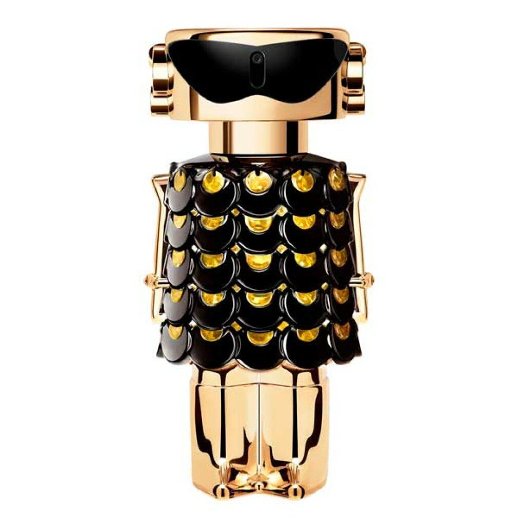 Gouden fles met zwarte top en schubbenpatroon, staand.