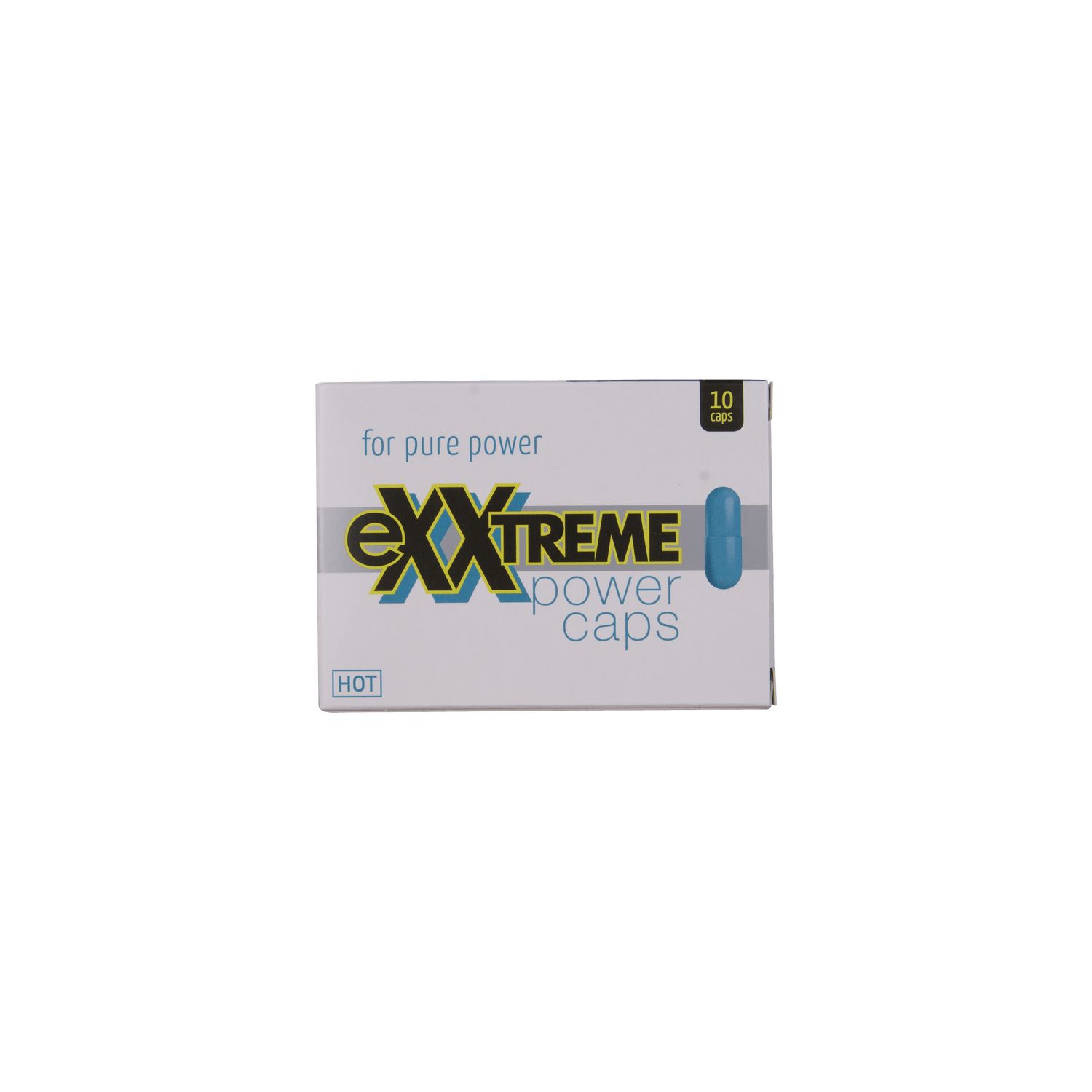Doosje met blauwe capsules. Opschrift: eXXtreme power caps. 10 capsules. Opschrift: HOT.