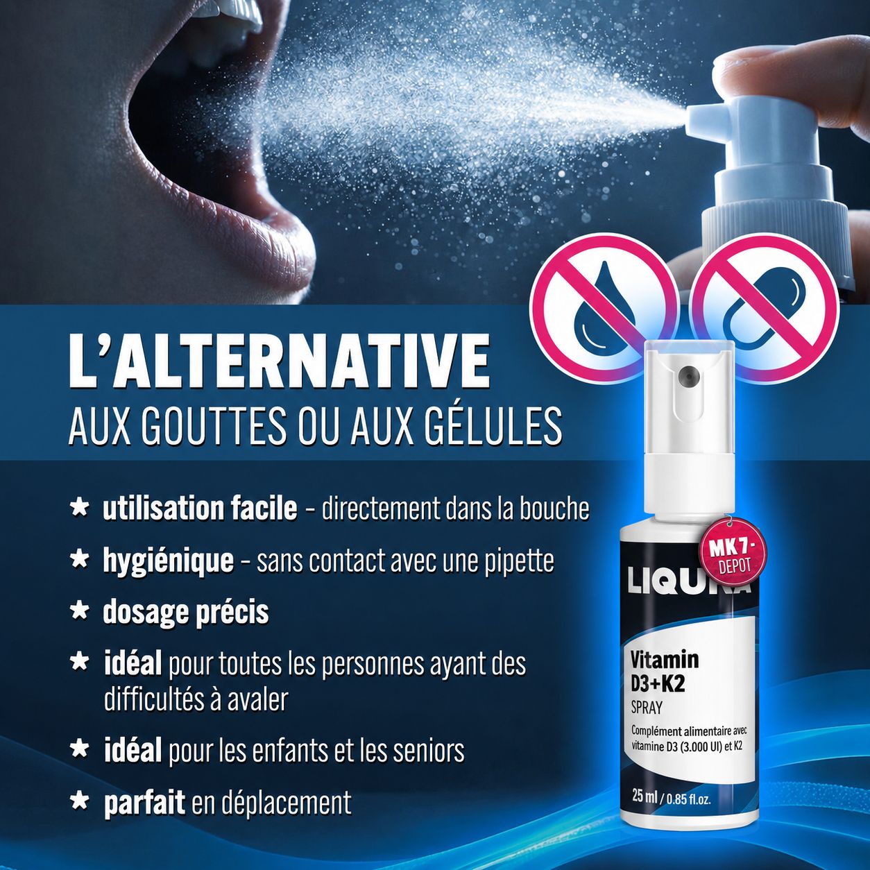 Spray LIQURA Vitamine D3+K2, alternative aux gouttes ou gélules.