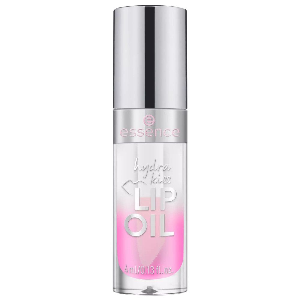 Lipolieflacon. Transparante fles met roze vloeistof. Zilveren dop. Opschrift: Hydra Kiss Lip Oil.
