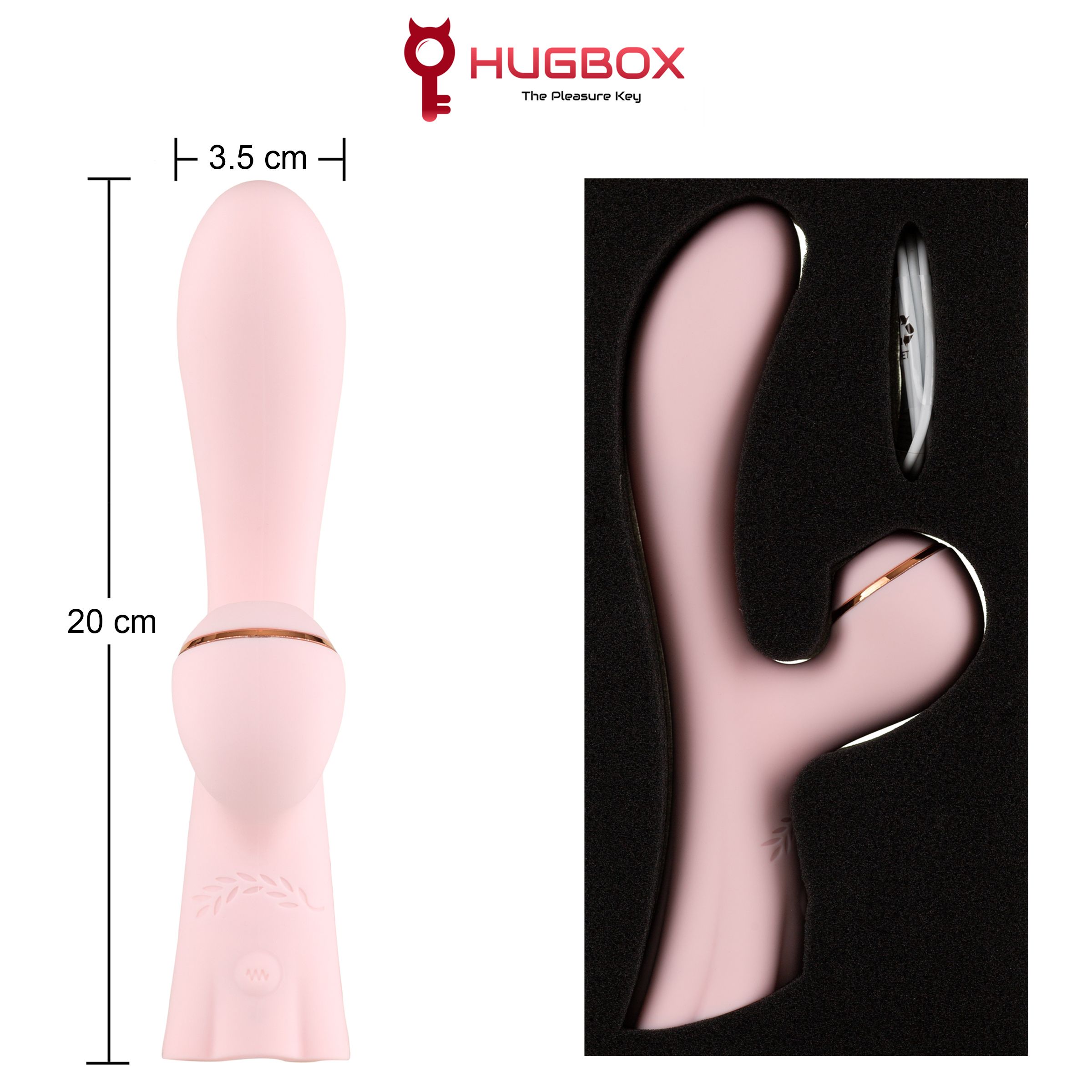 Produit rose dans son emballage. Dimensions: 20 cm de long, 3,5 cm de large. Logo HUGBOX.
