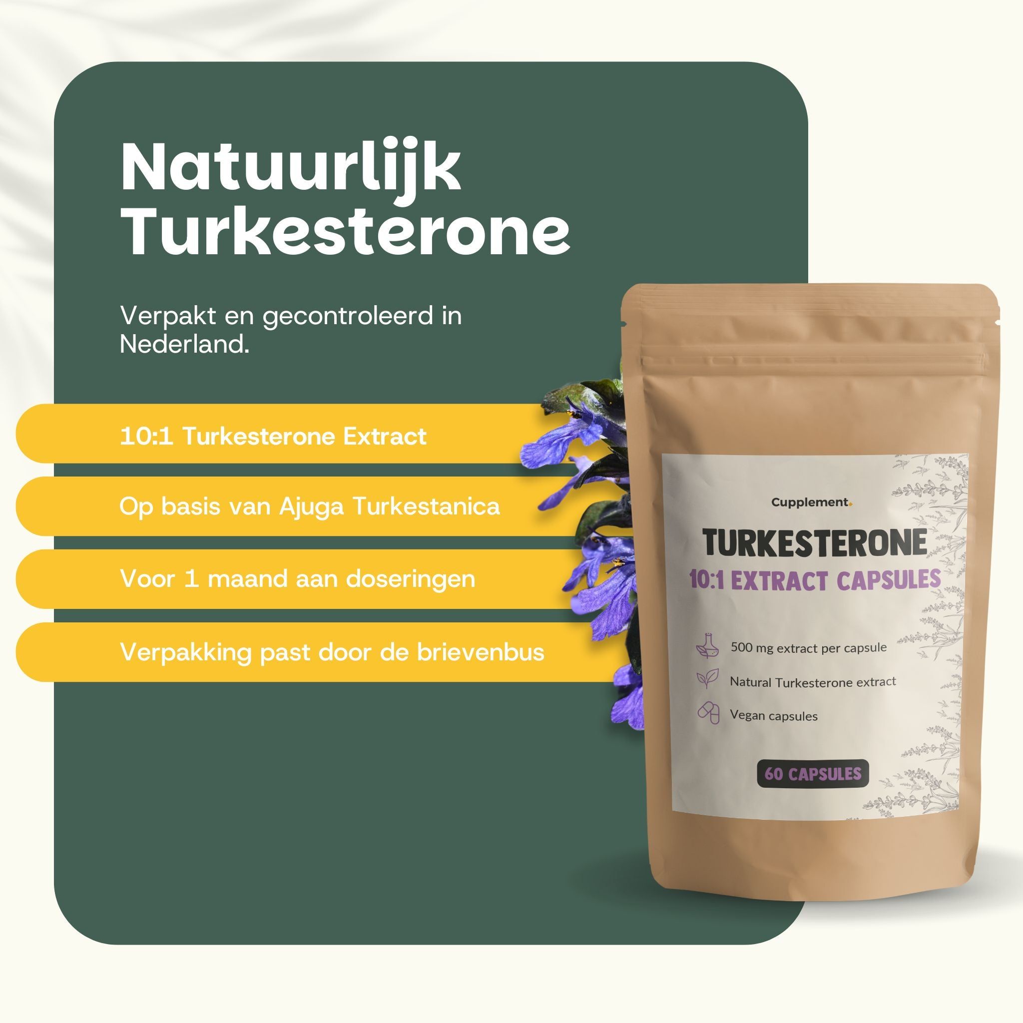 Zakje met capsules. Opschrift: Turkesterone 10:1 Extract Capsules. 60 capsules. 500 mg extract per capsule. Met paarse bloemen.