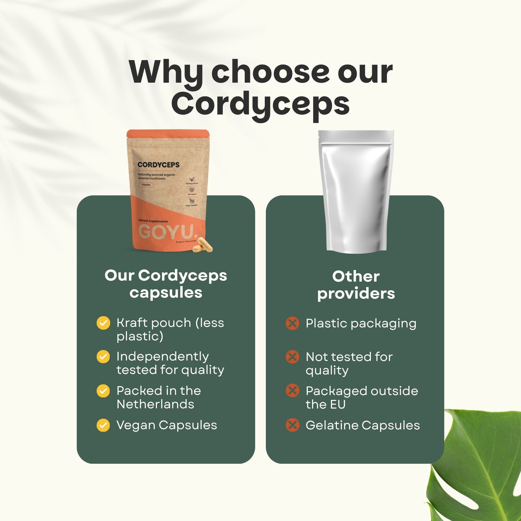 Comparaison de notre emballage Cordyceps avec celui d'autres fournisseurs.