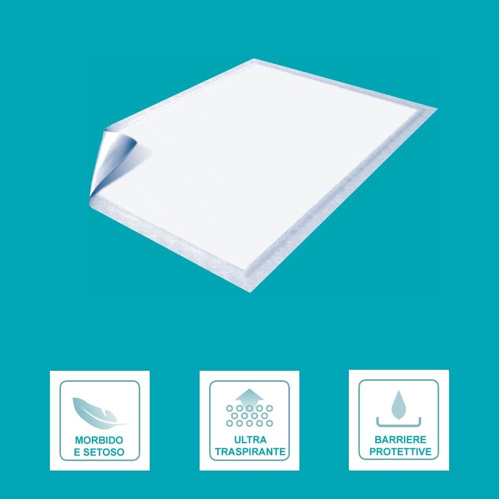 Wit rechthoekig product met afgeronde hoeken. Blauwe achtergrond. Teksten: 'Morbido e setoso', 'Ultra traspirante', 'Barriere protettive'.