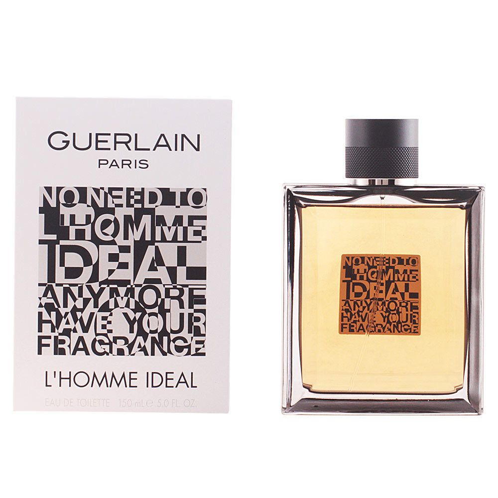 Guerlain L'Homme Idéal Eau de Toilette fles en verpakking. Rechthoekige fles met zwarte dop. Verpakking met tekst.
