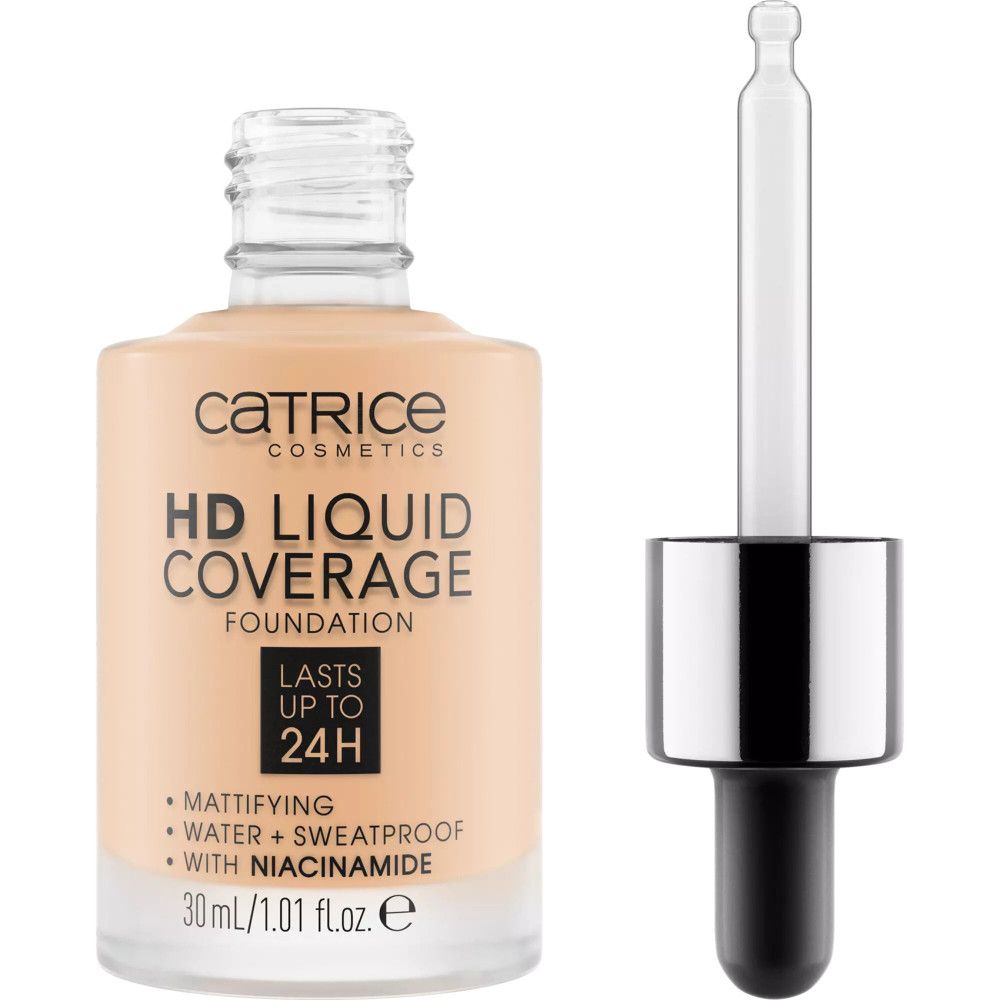 Flacon de fond de teint Catrice HD Liquid Coverage avec pipette. Inscriptions: Catrice, HD Liquid Coverage, matifiant, résistant à l'eau, avec niacinamide.