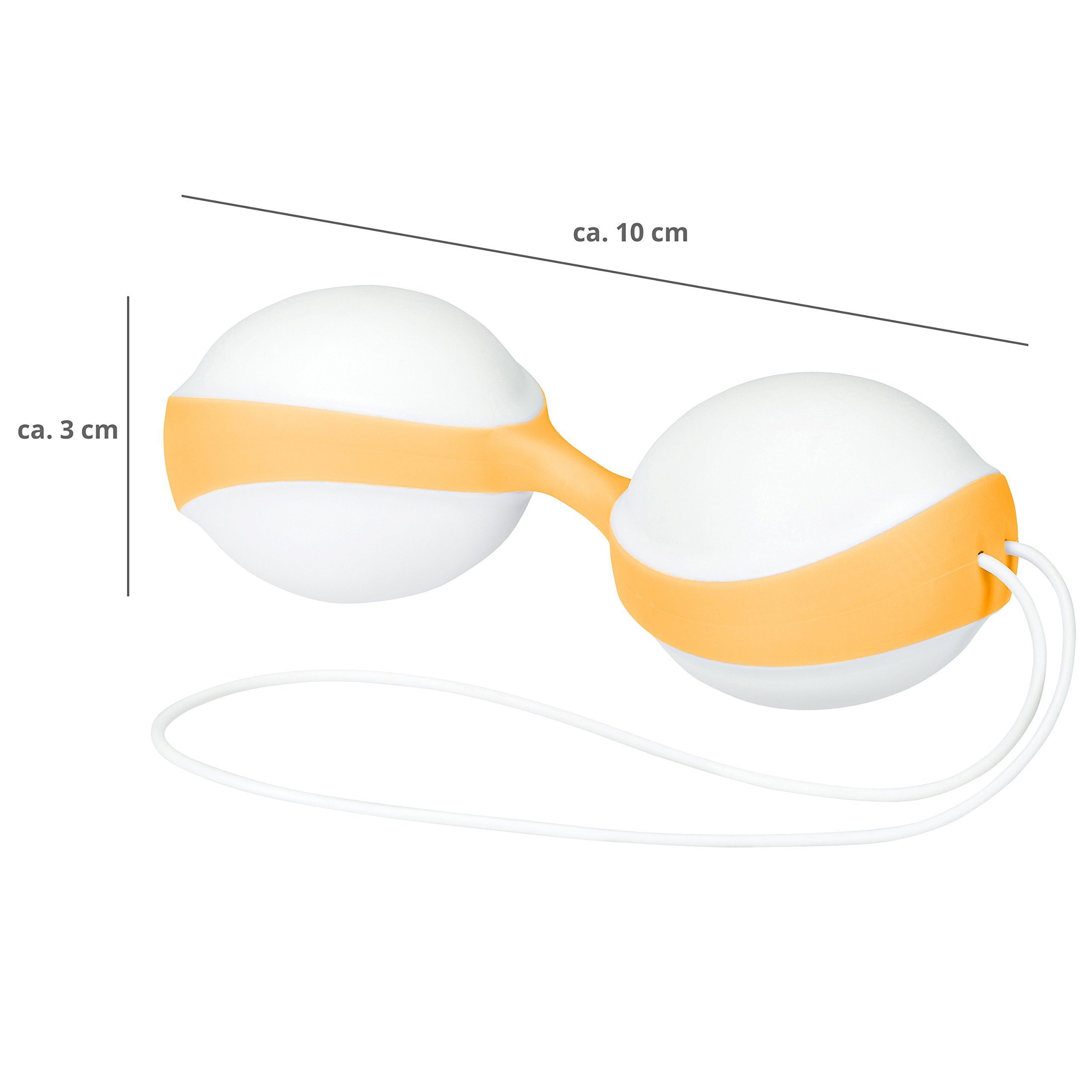 Deux sphères blanches (env. 3 cm diam.) avec bande orange, env. 10 cm de long, avec cordon.