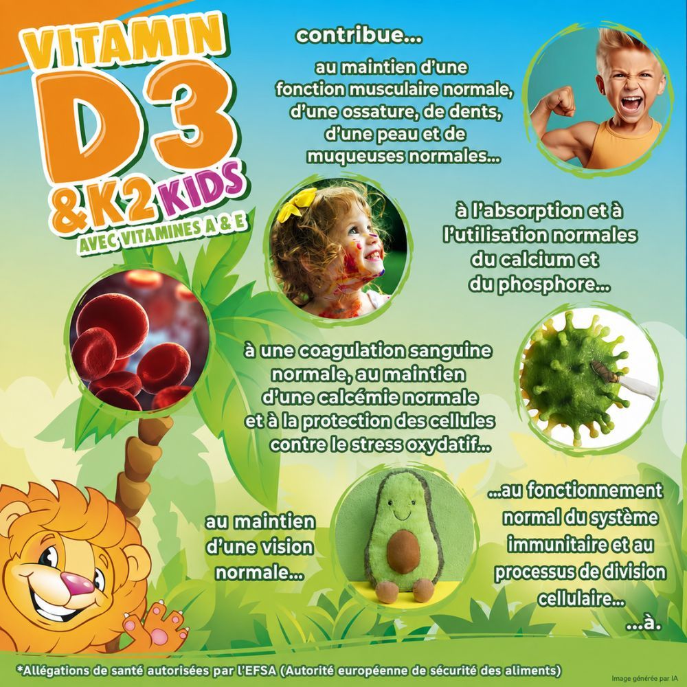 Flacon de gouttes Vitamine D3+K2 pour enfants avec animaux de dessin animé, soleil et V-Label.