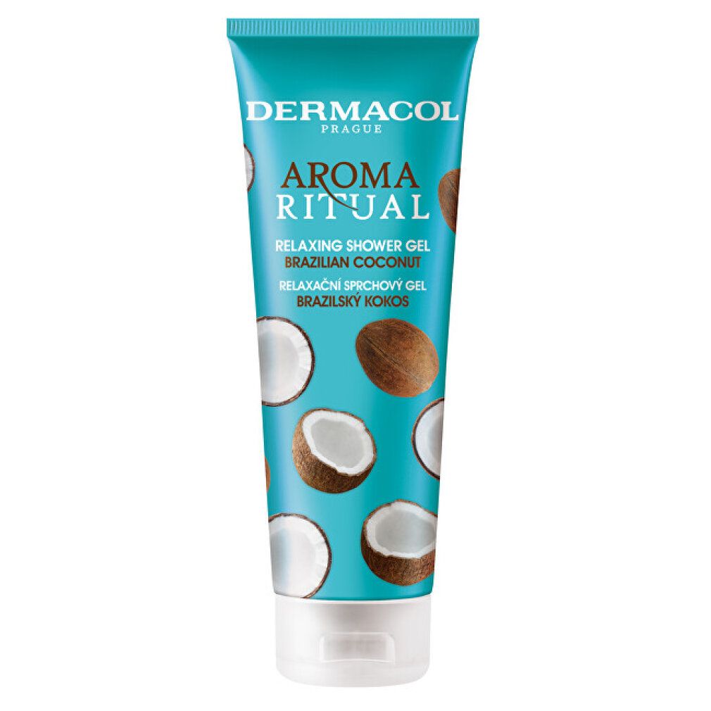 Turquoise tube met productnaam en kokosnoot illustraties. Tekst: Aroma Ritual Relaxing Shower Gel Brazilian Coconut.