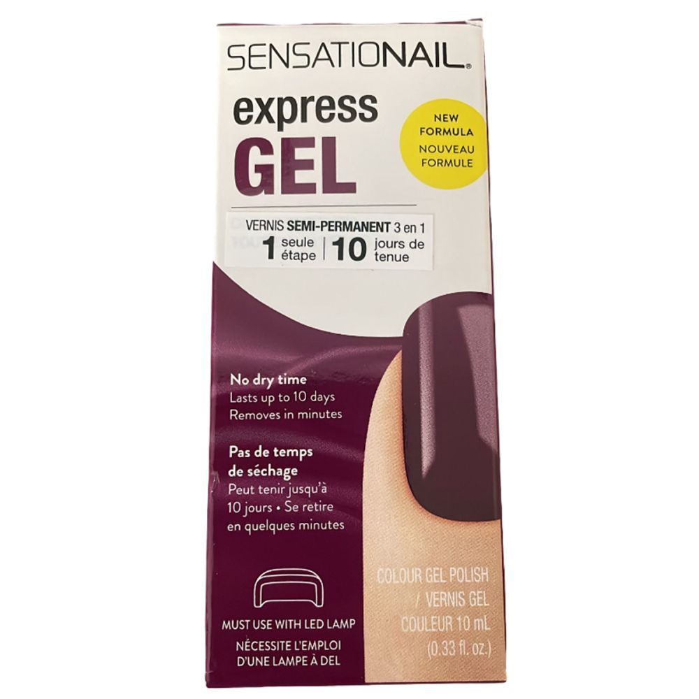 Emballage Sensationail Express-Gel. Vernis à ongles bordeaux, 10 ml. Tenue 10 jours. Nouvelle formule. Nécessite une lampe LED.