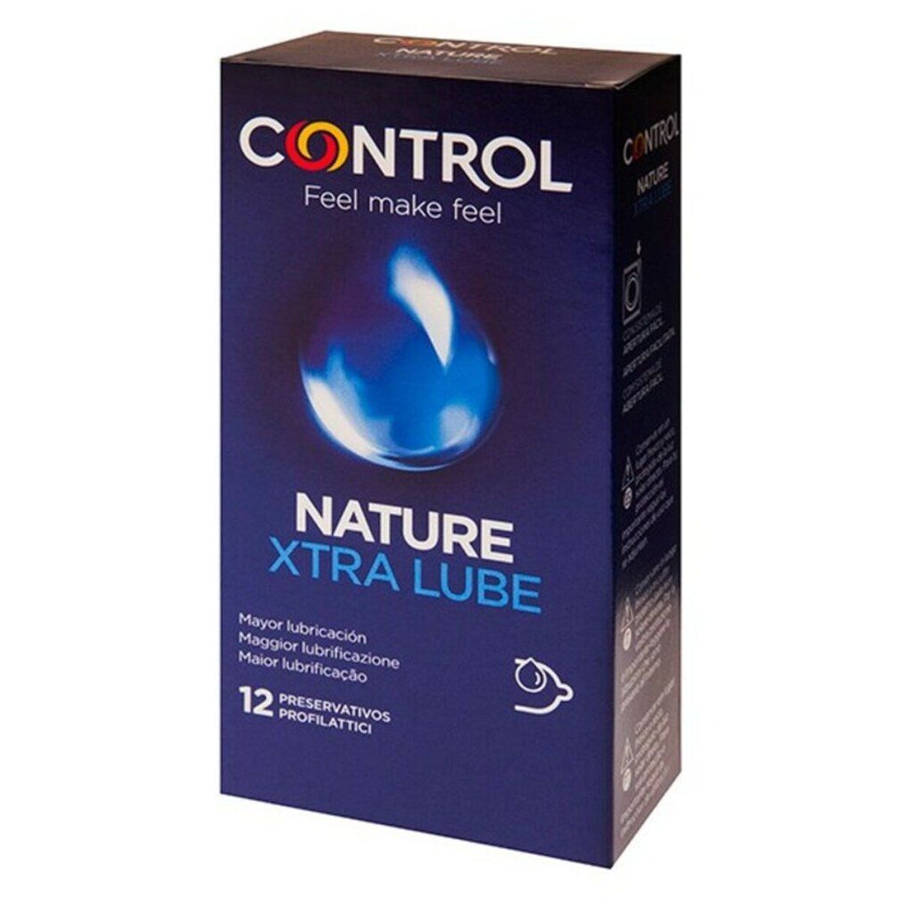 Boîte bleue avec logo et nom du produit. Contient 12 préservatifs. Inscription : Nature Xtra Lube.