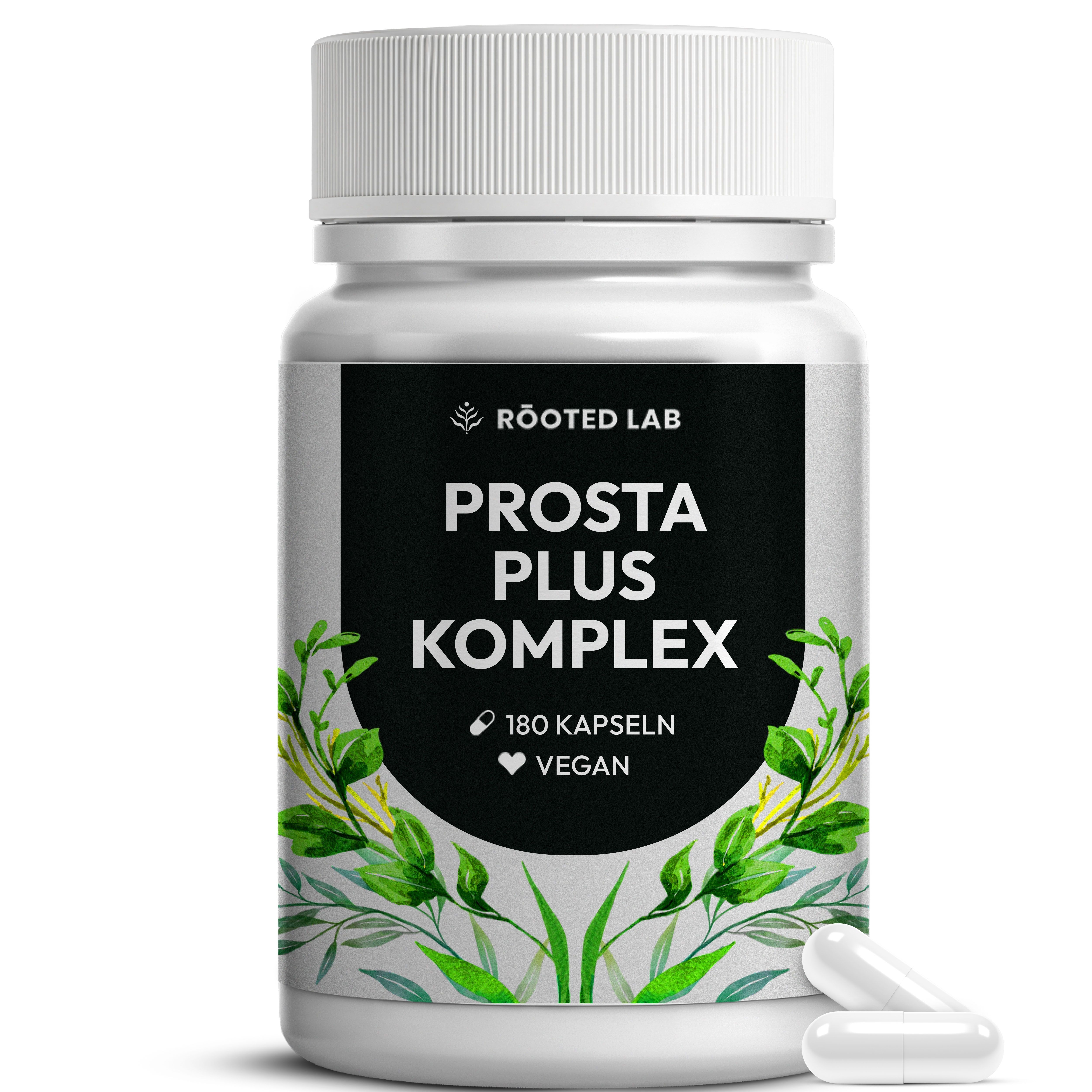 Bouteille Prostata Plus Komplex avec 180 gélules, vegan, entourée de feuilles vertes.