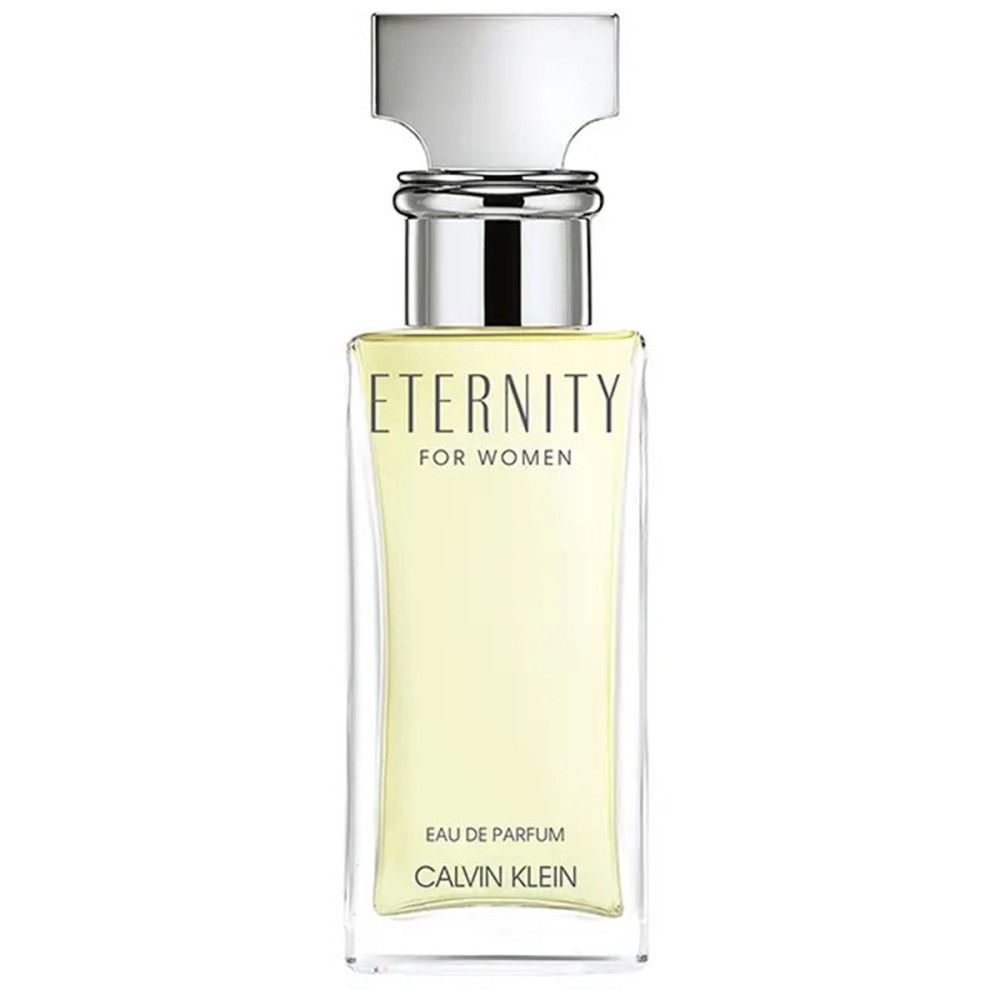 Parfumdoos. Opschrift: ETERNITY, Calvin Klein. Witte doos met zilveren accenten.