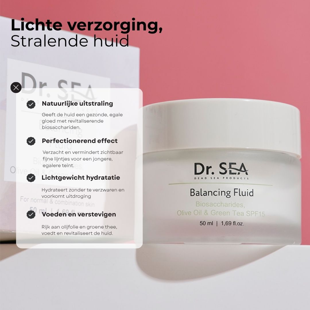 Product met tekst. Tekst: Natuurlijke uitstraling, Perfecterend effect, Lichtgewicht hydratatie, Voeden en verstevigen.