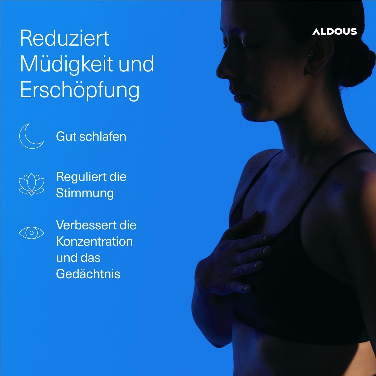Femme dans la lumière bleue. Aldous Tryptophane: Réduit la fatigue, Bien dormir, Régule l'humeur, Améliore la concentration.