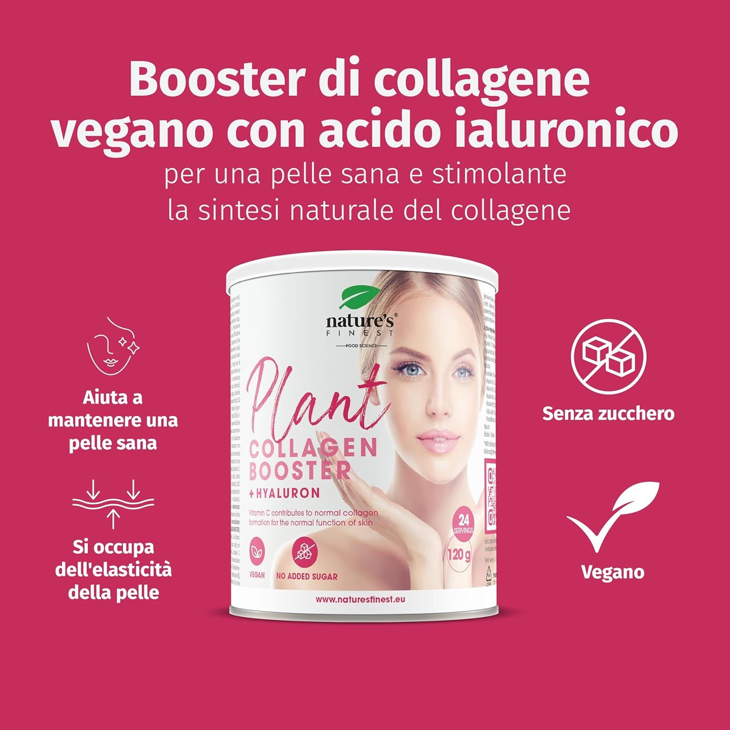 Fond rouge avec texte: Booster de collagène végétal avec acide hyaluronique. Boîte Plant Collagen.