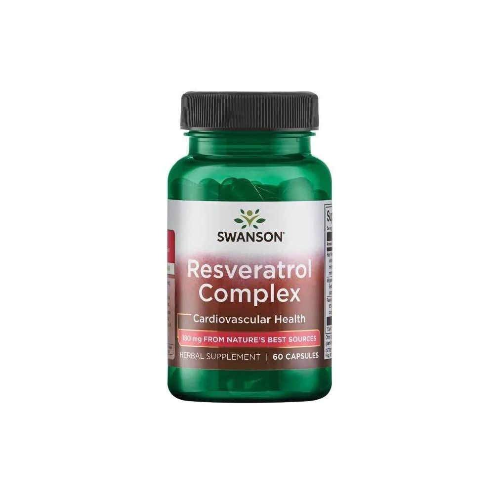 Groene fles met Swanson Resveratrol Complex capsules. Bevat 60 capsules.
