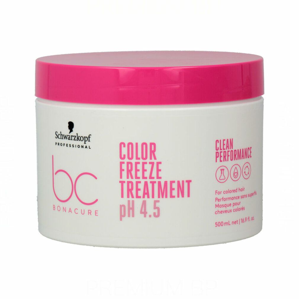 Pot blanc avec couvercle rose. Schwarzkopf BC Bonacure, Color Freeze Treatment pH 4.5. 500ml. Inscription Clean Performance.
