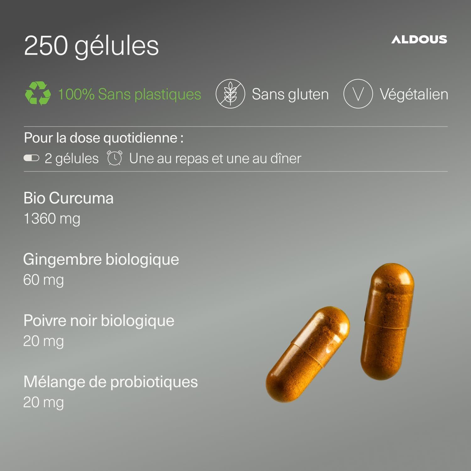Deux gélules orange, l'une couchée, l'autre debout. Texte en haut à gauche : 250 gélules, 100% sans plastique, sans gluten, végétalien.