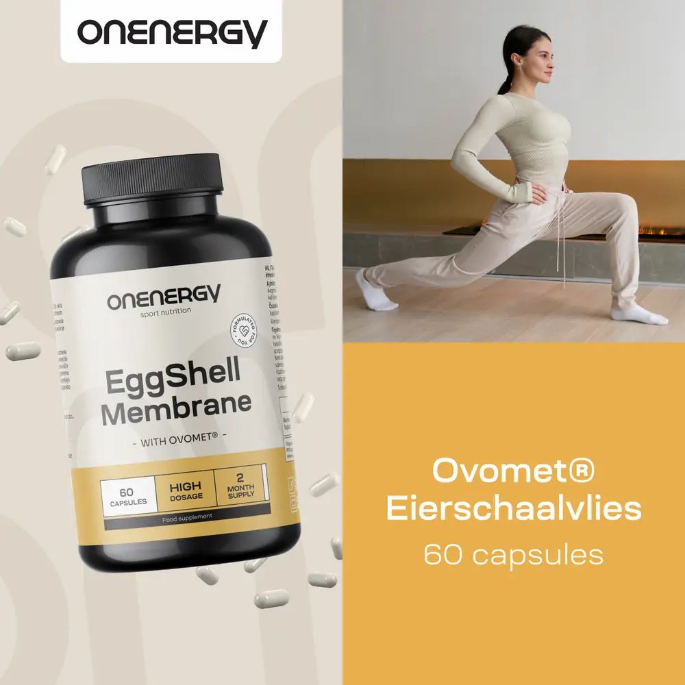 Vrouw in uitvalspositie, naast fles EggShell Membrane Ovomet® met 60 capsules.
