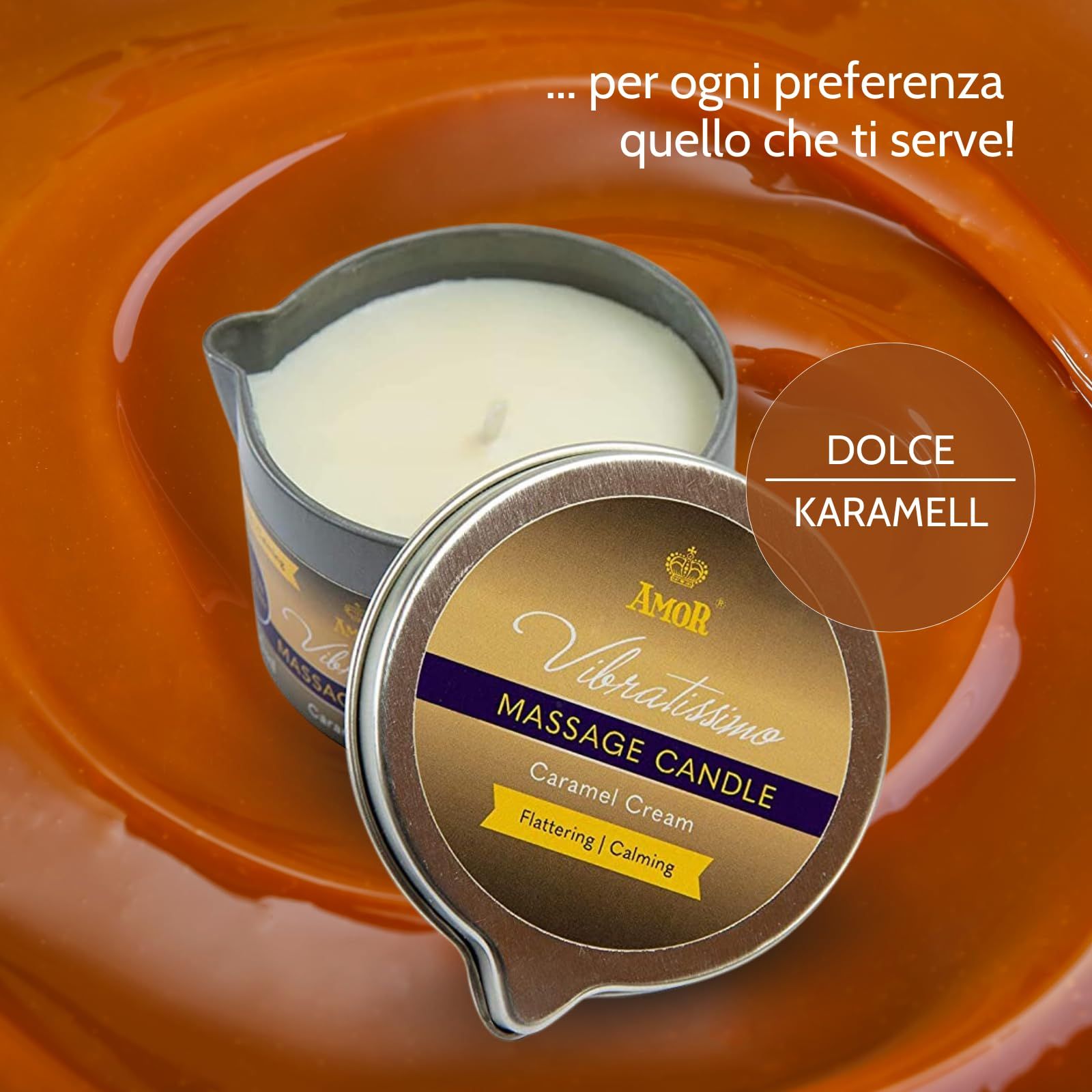 Vibratissimo Massagekaars Caramel Cream in metalen blik, omgeven door karamel.