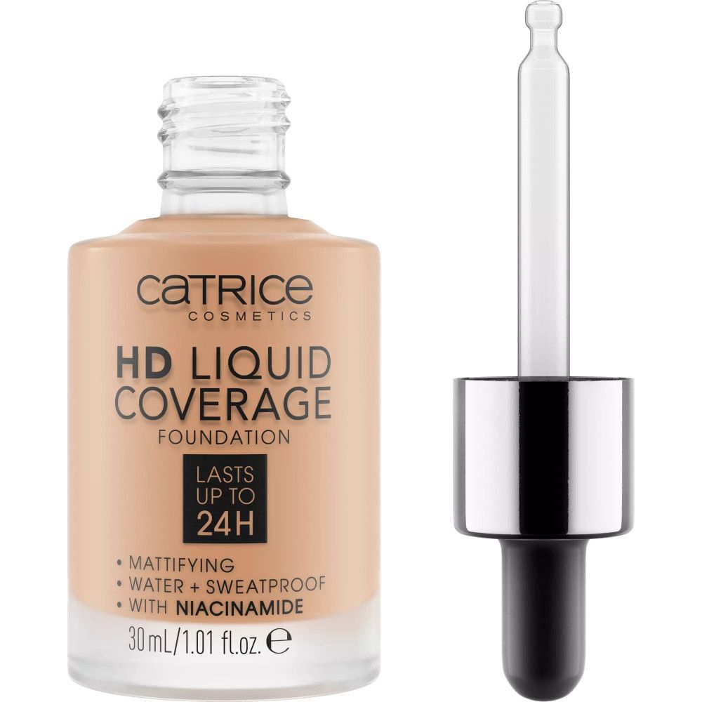 Flacon de fond de teint liquide Catrice HD Coverage avec pipette. Inscription: HD Liquid Coverage, matifiant, résistant à l'eau, à la transpiration, avec niacinamide.