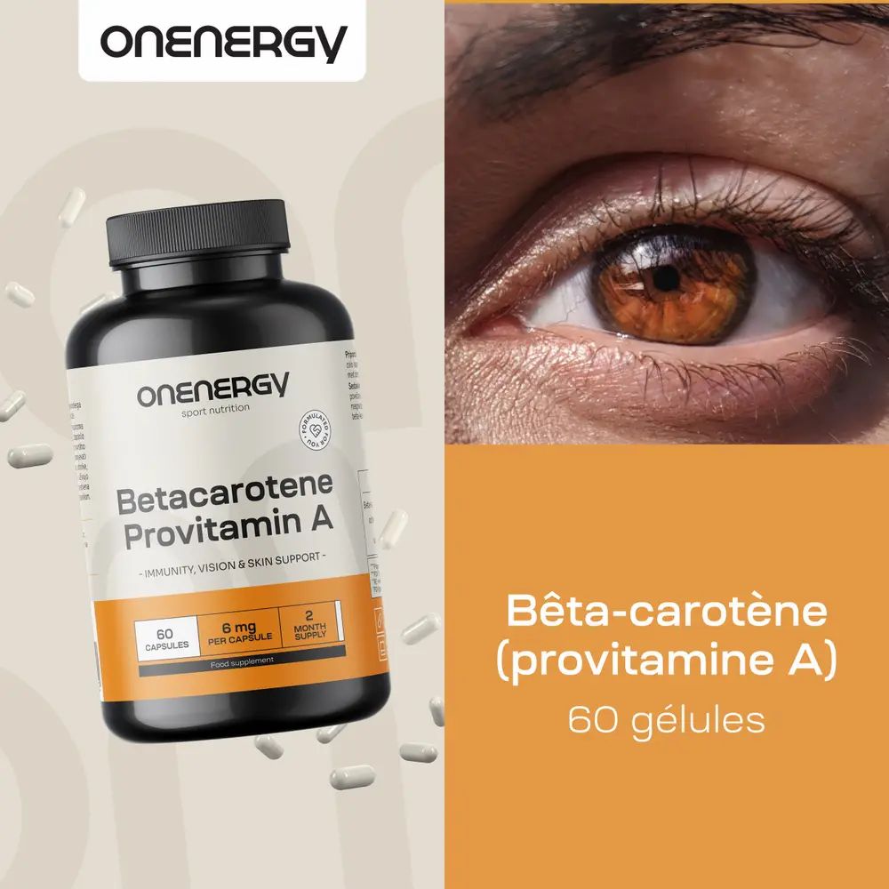 Bocal OnEnergy Bêta-carotène et un œil humain regardant le produit.