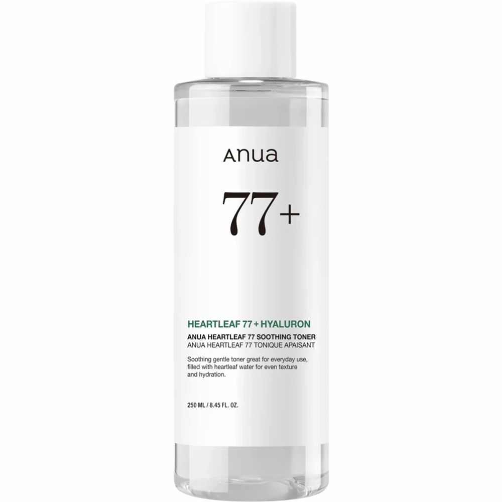 Productfles met opschrift: Anua, Heartleaf 77+ Hyaluron. 250 ml.