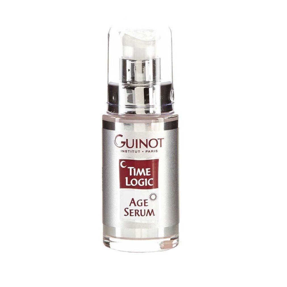 Guinot Time Logic Age Serum fles met pompdispenser. Zilverkleurig etiket met rood vlak en tekst.