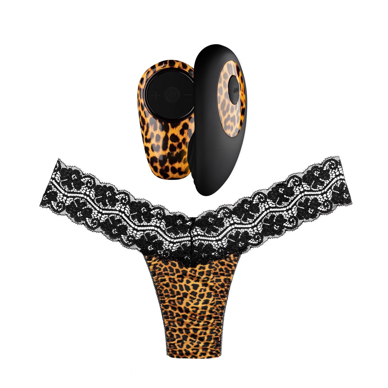 Vibrateur à motif léopard et manche noir. Culotte à motif léopard et dentelle noire. Vue du produit de dessus.
