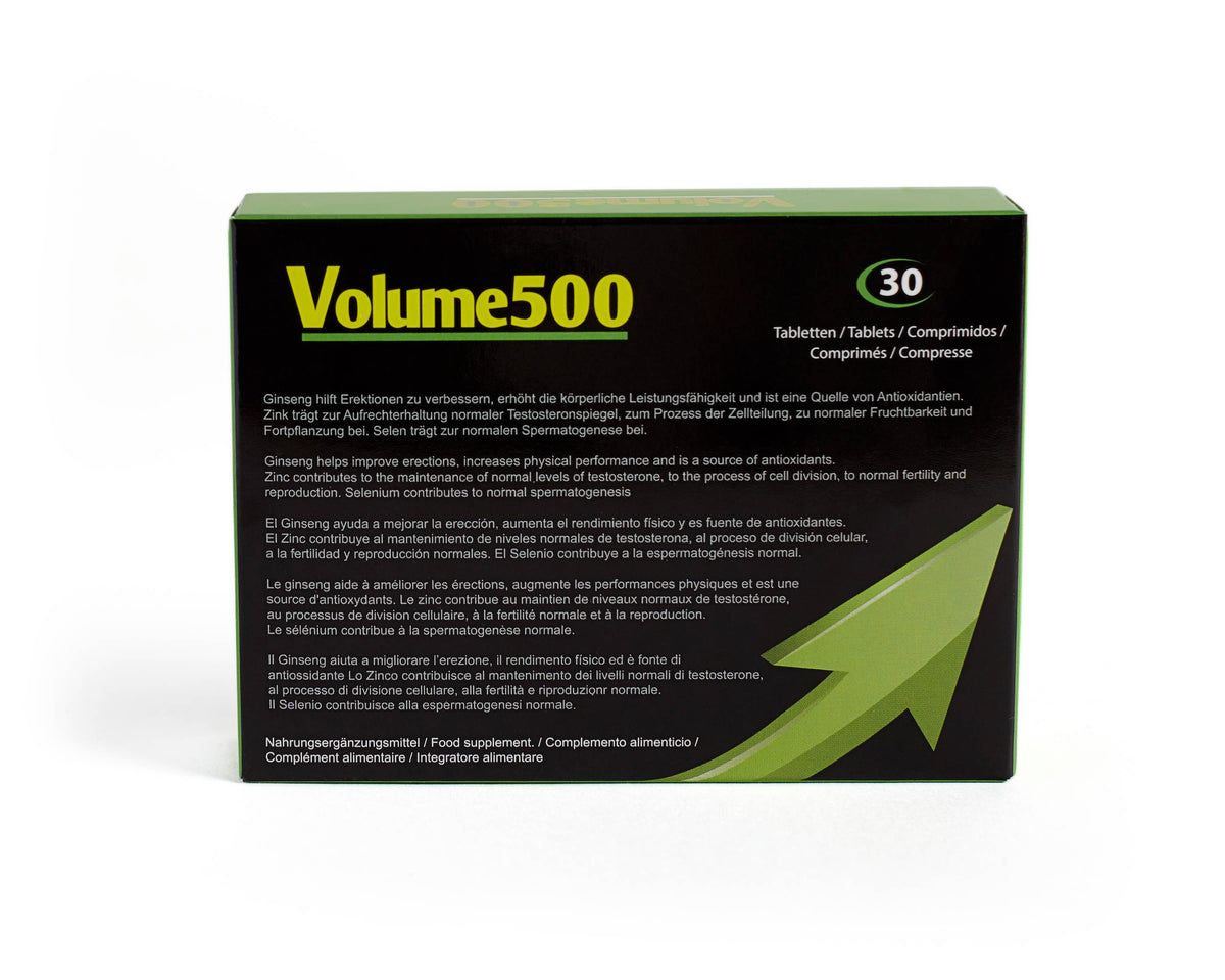 Boîte noire avec logo "Volume500" et texte. Contient 30 comprimés. Graphique flèche verte.