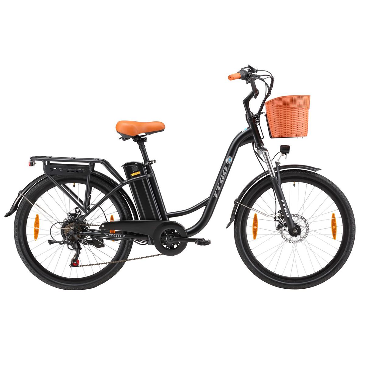 Vélo électrique noir avec panier, selle marron et poignées orange. Logo TTGO sur le cadre.