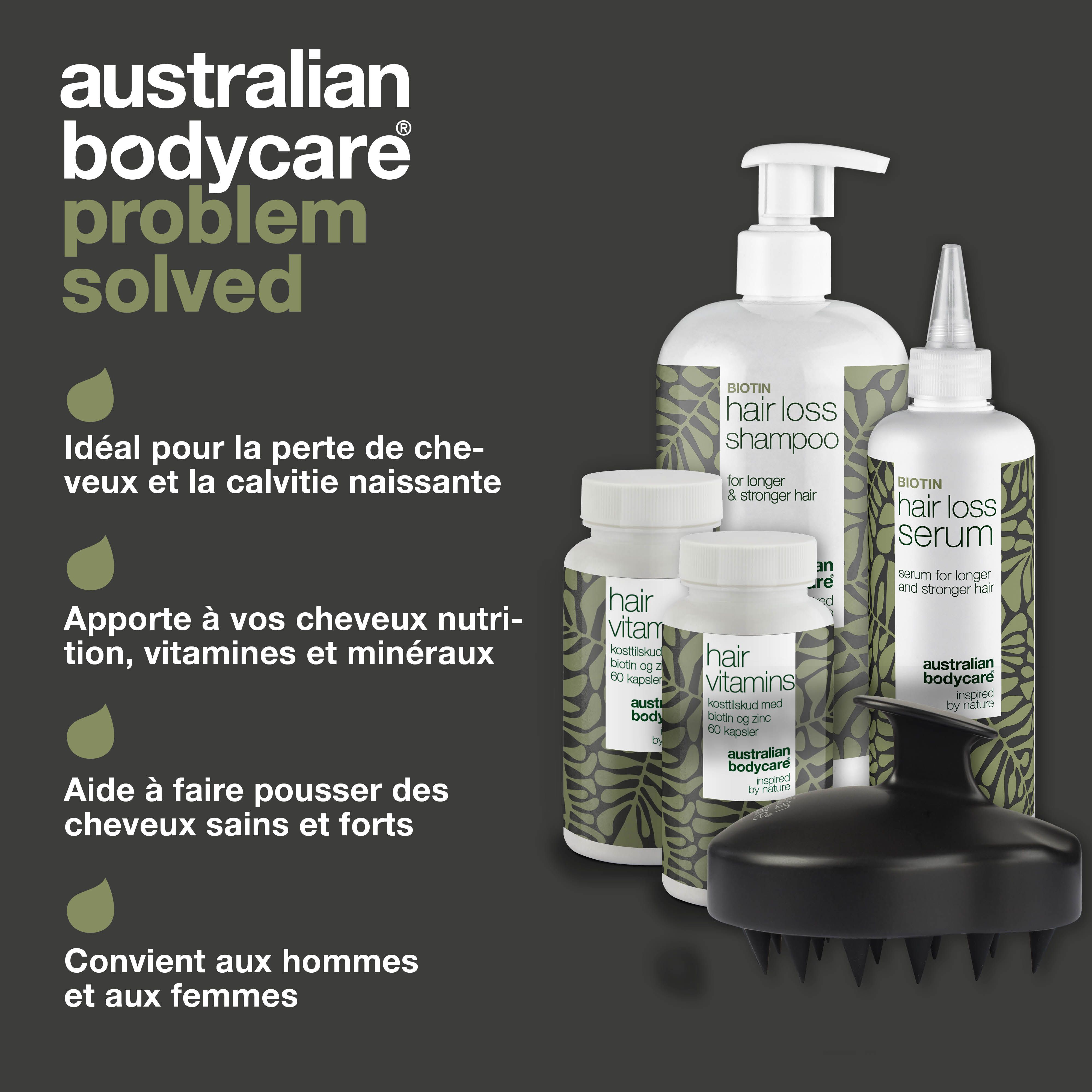 Produits sur fond noir. Shampooing, sérum, gélules, brosse. Texte : Idéal pour la chute de cheveux et les cheveux clairsemés.
